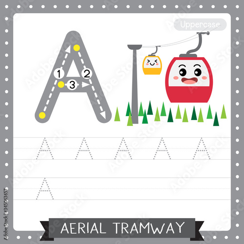 Letter A uppercase  tracing practice worksheet. Aerial Tramway © natchapohn