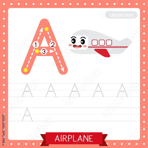 Letter A uppercase  tracing practice worksheet. Airplane