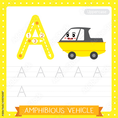 Letter A uppercase  tracing practice worksheet. Amphibious Vehicle