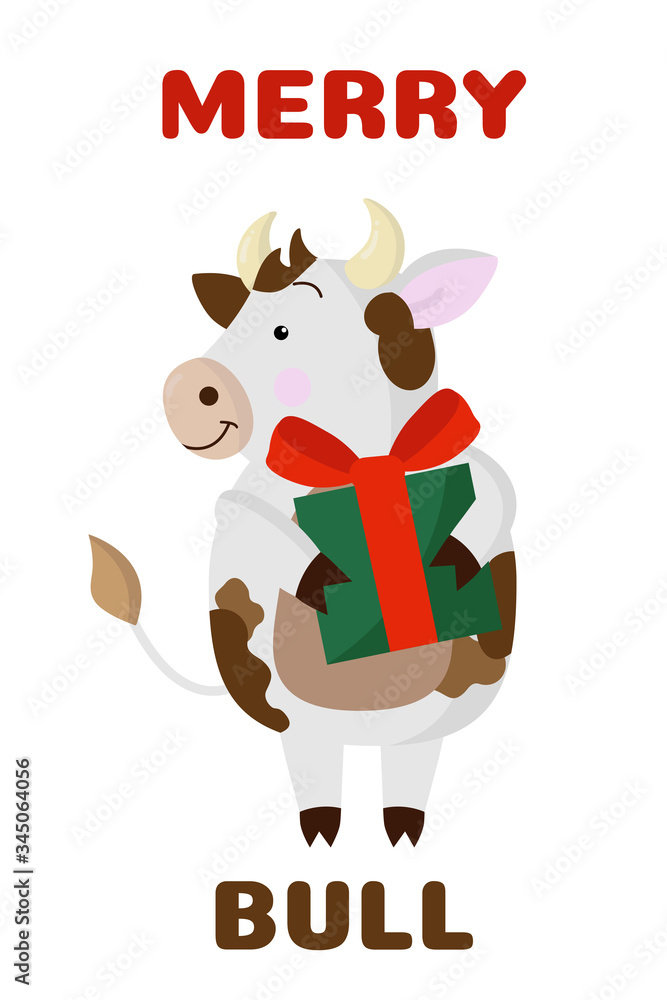 Cute bull is preparing for the celebration of Christmas. A cow is holding a gift in a green orbit with a red ribbon. Happy New Year greeting card concept with chinese new year symbol. Cute bull is preparing for the celebration of Christmas. A cow is holding a gift in a green orbit with a red ribbon. Happy New Year greeting card concept with chinese new year symbol.