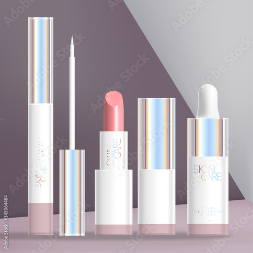 Vector Holographic Beauty or Cosmetics Packaging Set with White Eyeliner, Lipstick & Dropper Bottle