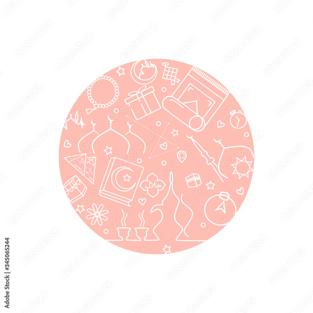 Islamic line icons circular shaped. Ramadan Kareem icons symbols in circle pattern. Modern vector illustration of Islamic icons for web page template, print media, banner, background, poster, flyer.