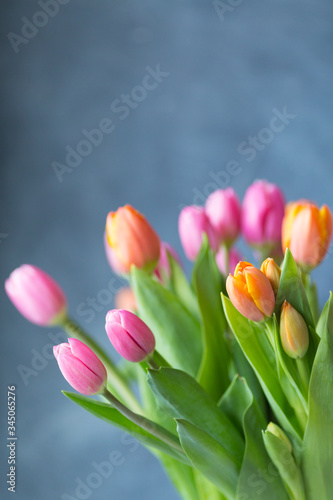 Fototapeta Naklejka Na Ścianę i Meble -  Bouquet of tulips in vase. Spring flowers . Bouquet in vase. Pink and orange blooming flora. Cozy still life. Copy space. Holiday greeting.
