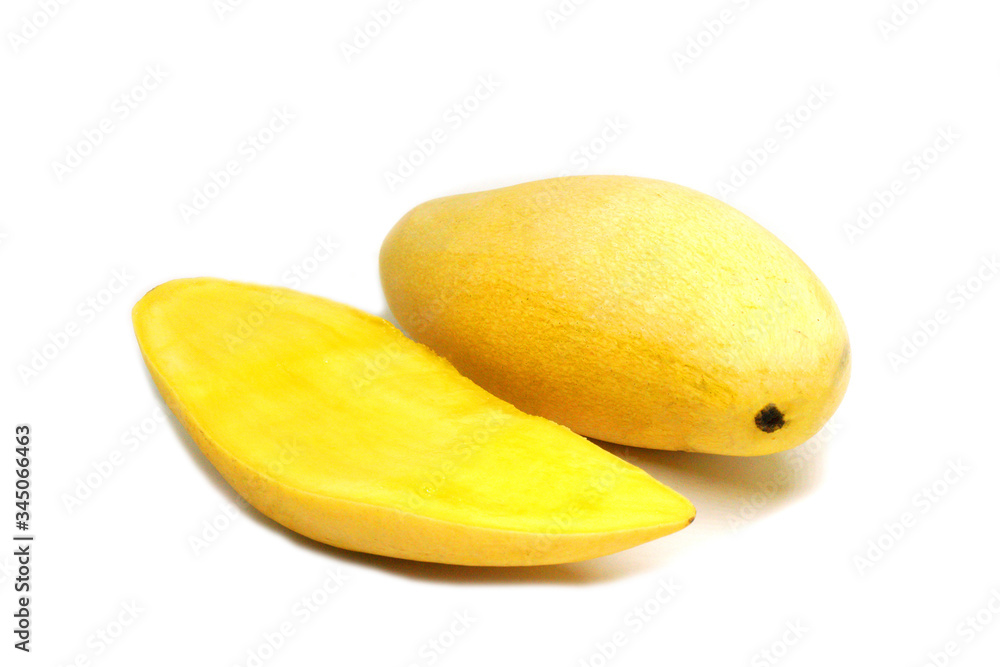 Famous Thai Fruit - Half of Single Yellow Barracuda Mango Isolated white background - Delicious sweet juicy meat - Eat raw or ingredient thai dessert Famous Thai Fruit - Half of Single Yellow Barracuda Mango Isolated white background - Delicious sweet juicy meat - Eat raw or ingredient thai dessert