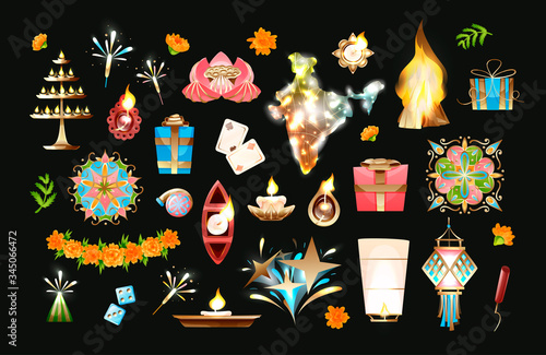 Diwali objects vector set in cartoon style
