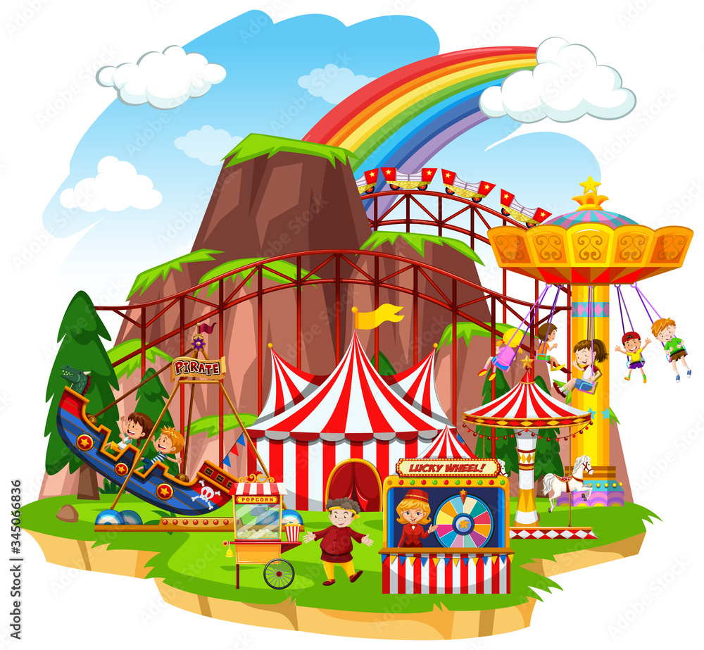 Scene with happy children playing on the circus rides Scene with happy children playing on the circus rides