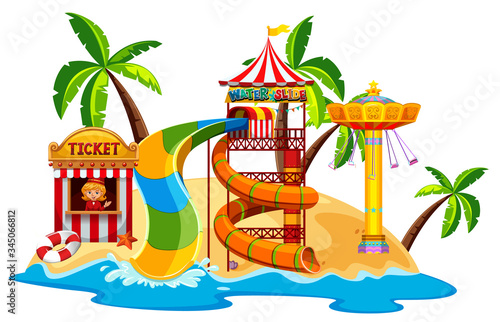 Scene with waterslide and swing by the beach