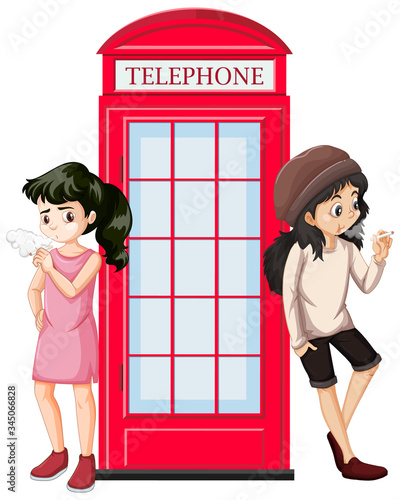 Scene with two teenagers smoking by the telephone booth