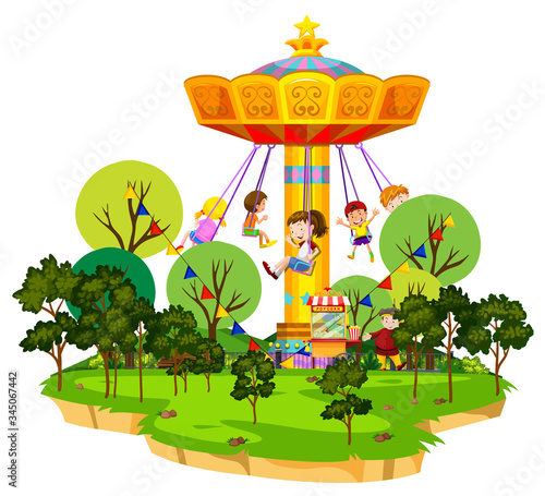 Scene with many kids riding on giant swing in the park