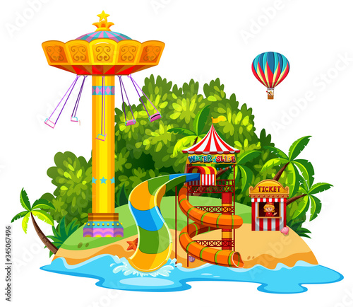 Scene with giant swing and waterslide on the island