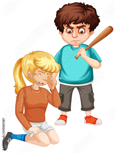 Crying girl and angry man with baseball bat