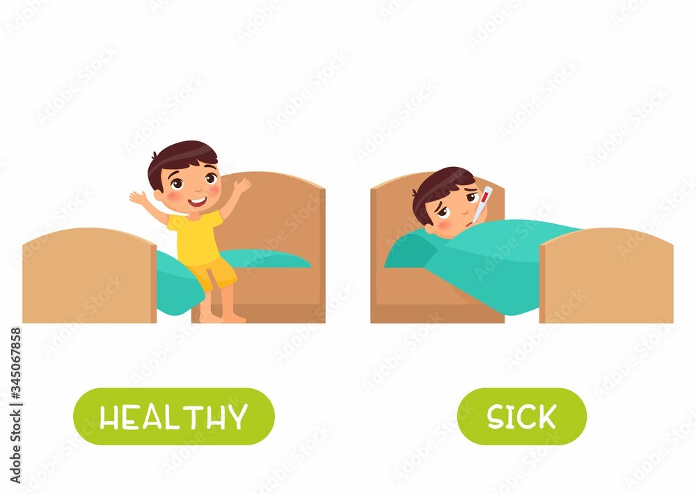 Little boy in bed with thermometer illustration with typography