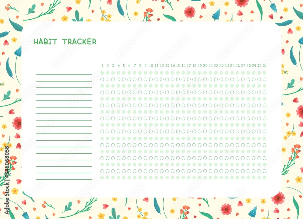 Habit tracker for month flat vector template. .Spring wild flowers themed blank, personal organizer with decorative frame. Summer season floral border with stylized lettering Habit tracker for month flat vector template. .Spring wild flowers themed blank, personal organizer with decorative frame. Summer season floral border with stylized lettering