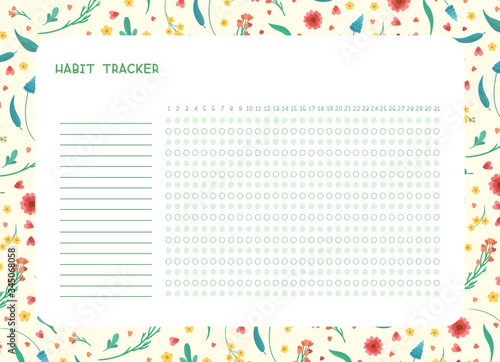 Habit tracker for month flat vector template. .Spring wild flowers themed blank, personal organizer with decorative frame. Summer season floral border with stylized lettering