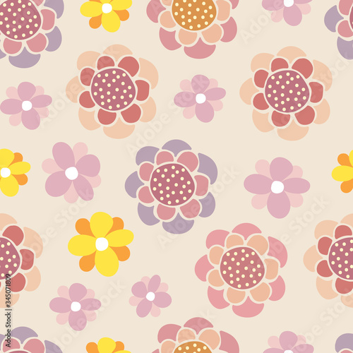 Vector seamless pattern of spring flowers. Digital scrap paper. Simple flowers are hand drawn in doodle style. For design of surfaces, textiles, packaging, backgrounds. Children's theme