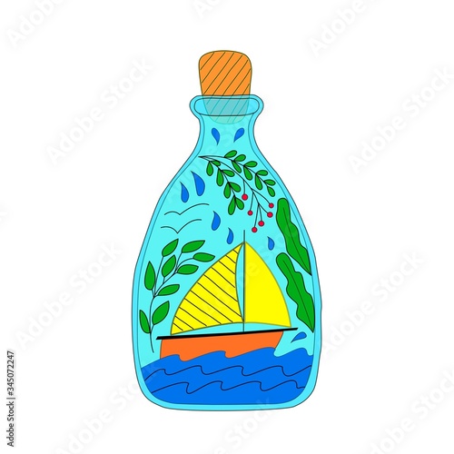 Image of a bootle with a sailboat and leaves inside on a vector graphics, on a white background. For design covers, prints on clothes