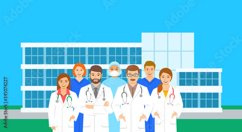 Doctors and nurses team standing at the hospital building in different poses. Flat vector illustration. Personnel of medical clinic, physicians and surgeons, health care workers.