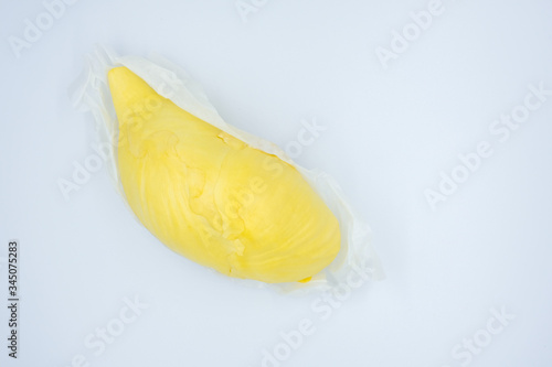 Close-up one piece of Thai durian. king of fruits and tropical fruit from Thailand isolated on white background, Flat lay. Top view of durian.