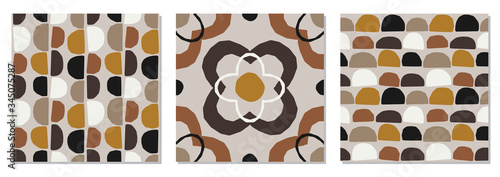 Cute set of trendy mid century modern seamless pattern with abstract organic shapes nature elements, vector illustration