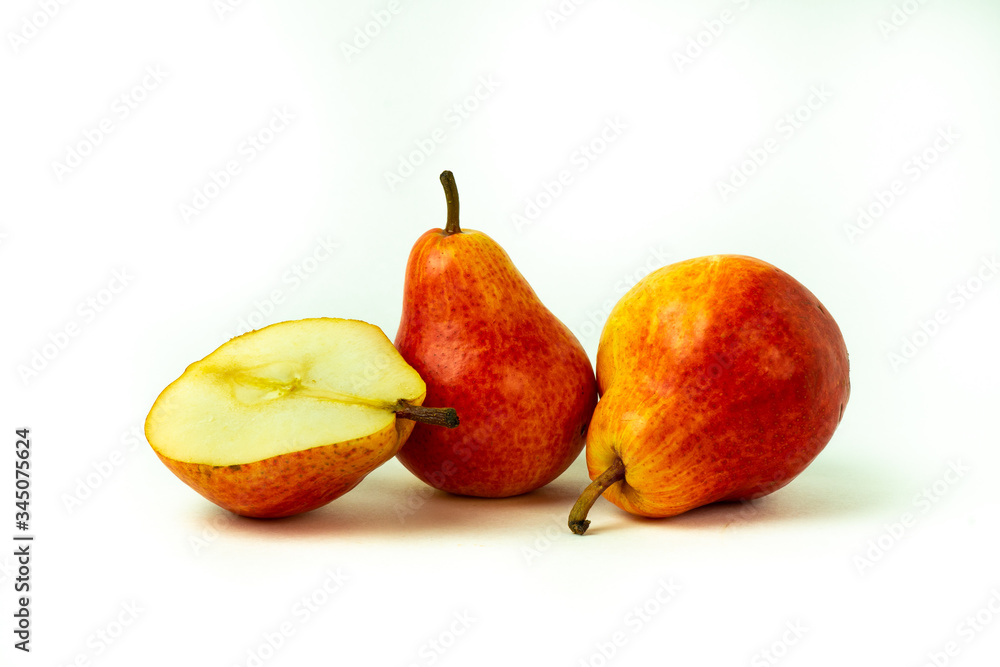 ripe red yellow pear fruits isolated on white background ripe red yellow pear fruits isolated on white background