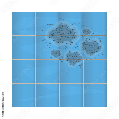 Dark mold on ceramic tile in bathroom. Stains on the wall. Mildew in the shower. Concept of condensation, damp, high humidity and respiratory problems. Stock vector isolated on white background