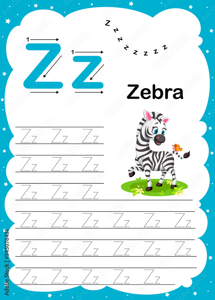 Colorful letter Z Uppercase and Lowercase alphabet A-Z, Tracing and writing  daily printable A4 practice worksheet with cute cartoon animals - vector  illustration exercise for kids Stock Vector | Adobe Stock