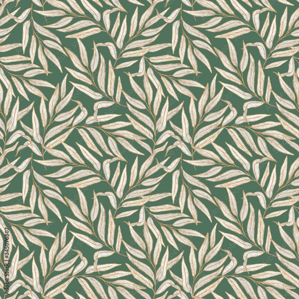 Watercolor seamless pattern with gray leaves on a green background.