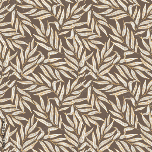 Watercolor seamless pattern with gray  leaves on a beige background.