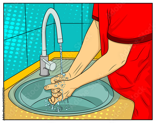 Pop Art man disinfecting his hands by washing it with water - comic book style, cartoon vector illustration.