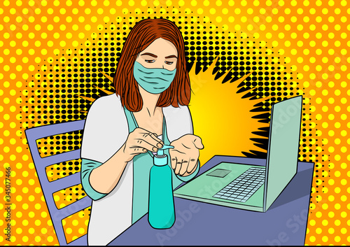 Pop Art Female doctor disinfecting her hands before woking on laptop - comic book style, cartoon woman sitting in a medical