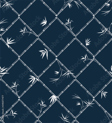 Bamboo tree and leaves Modern style grid check  oriental mood Vector illustration Seamless pattern .Design for fashion,fabric,web,wallpaper,and all prints