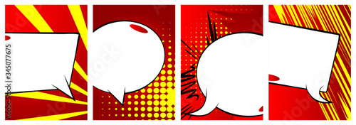 Blank Speech bubble with comic book background. Set of red and yellow book cover. Four different template for flyer poster or other design.
