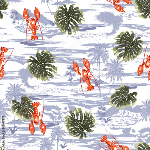 Summer seamless vector pattern background with lobster, tropical leaves on the monotone blue ocean. Perfect for wallpapers, fashion,fabric,web page backgrounds, surface textures