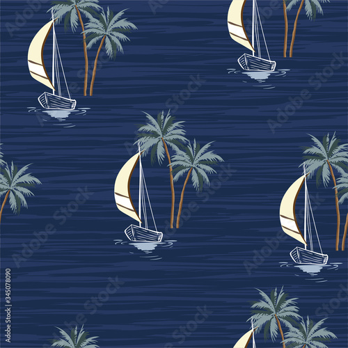 Hand drawn summer sail boat with palm trees isaland seamless pattern in vector EPS10 ,Design for fashion,fabric,web,wallpaper,wrapping and all prints