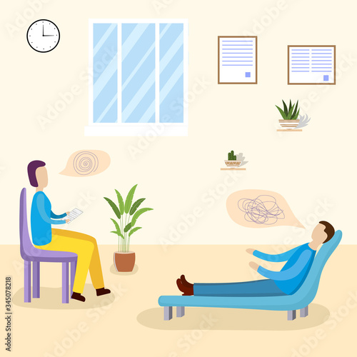 Patients at a reception at the psychotherapies. Man talking to psychotherapist or psychologist and answer questions.