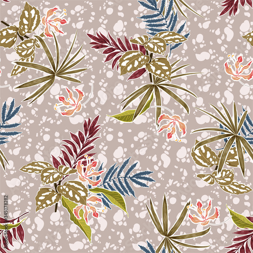 Stylish Flower and leves layer on retro light biege african batik background  seamless pattern vector EPS10,Design for fashion,fabric,web,wallpaper,wrapping
