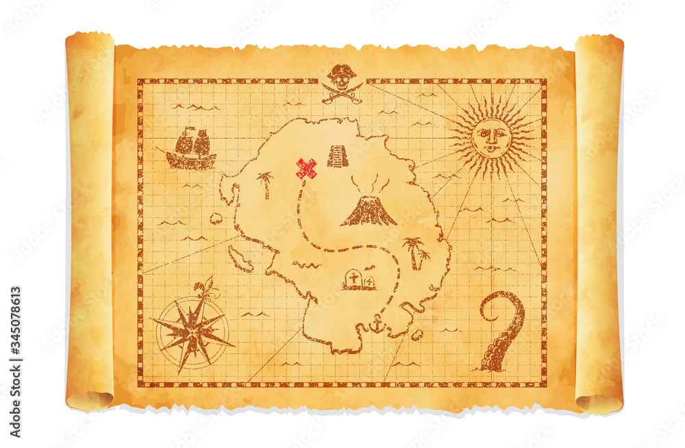 Fototapeta premium Old pirate treasure map vector illustration