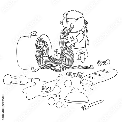 Baby boy eating pasta. He knocked over a saucepan, bowl with meatballs and peas, poured out ketchup from a bottle, bit off a piece of bread. Vector ink doodle illustration. Great for coloring book.