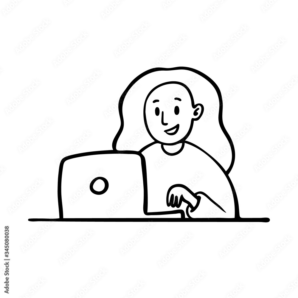 Woman is working a laptop. Girl browsing a laptop searching information online.Modern profession. Line art design. Doodle style. Casual woman doing freelance job work at home. Vector illustration.