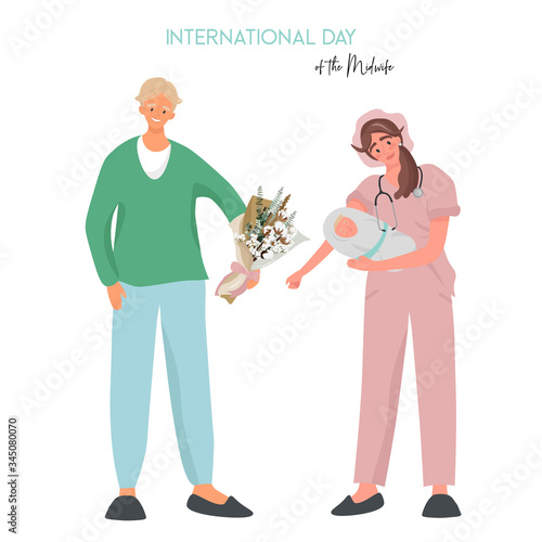 International Day of the Midwife. A midwife in uniform is holding a newborn baby in her arms. Pleasant flat vector illustration with a father who meets his newborn son.
