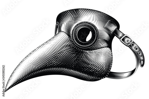Plague mask vector illustration. Medieval medical mask ink engraving.