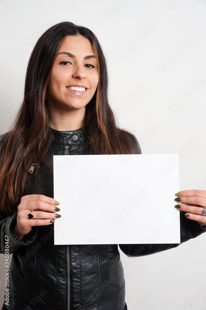 beautiful smiling brunette girl with placard beautiful smiling brunette girl with placard