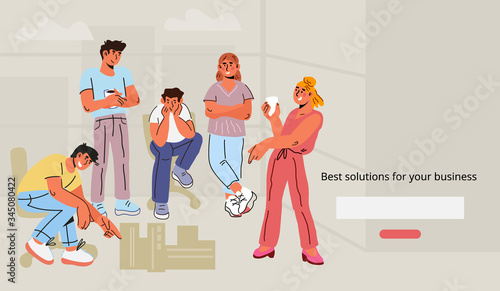 Business team brainstorming meeting for finding business solution and company development strategy creation. Market technology and communication website template. Flat vector illustration.
