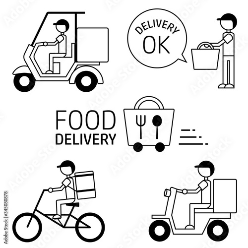 Illustration set of food delivery service, vector icons isolated on white background