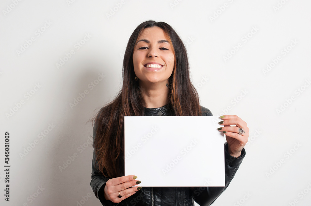 beautiful smiling brunette girl with placard beautiful smiling brunette girl with placard