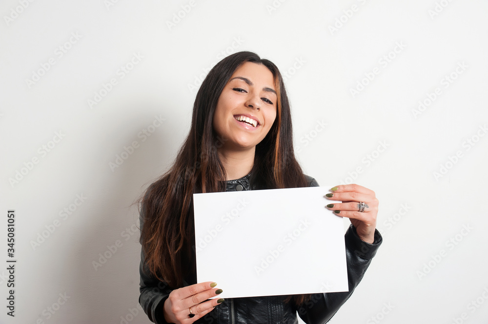 beautiful smiling brunette girl with placard beautiful smiling brunette girl with placard