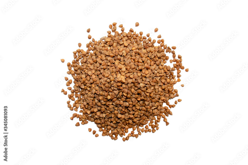 Buckwheat isolated on white background. Top view. Heap of raw buckwheat grains Buckwheat isolated on white background. Top view. Heap of raw buckwheat grains