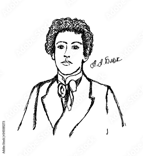 Alexander Alexandrovich Blok. Drawing of famous and historical known Russian character. Sketch or doodle. Hand drawn portrait. Lyrical poet, writer, publicist, playwright, translator, literary critic. photo