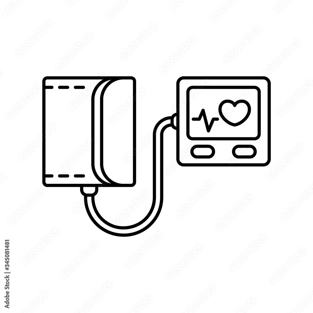 Electronic blood pressure monitor. Linear icon of heart tracking device. Black illustration of textile cuff, rubber hose, plastic computer box. Contour isolated vector emblem on white background Electronic blood pressure monitor. Linear icon of heart tracking device. Black illustration of textile cuff, rubber hose, plastic computer box. Contour isolated vector emblem on white background