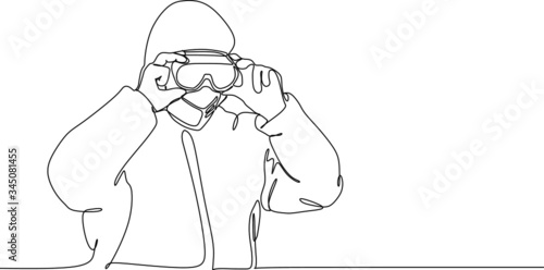 Continuous single line vector illustration of a man in protective suit fixing his goggles 